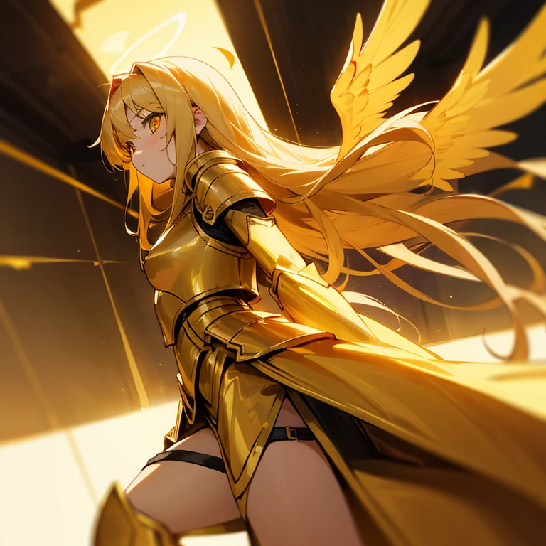 One Girl, 13 yearls old, long golden hair, golden eyes, golden wings, no Halo, Cute, Golden Armor