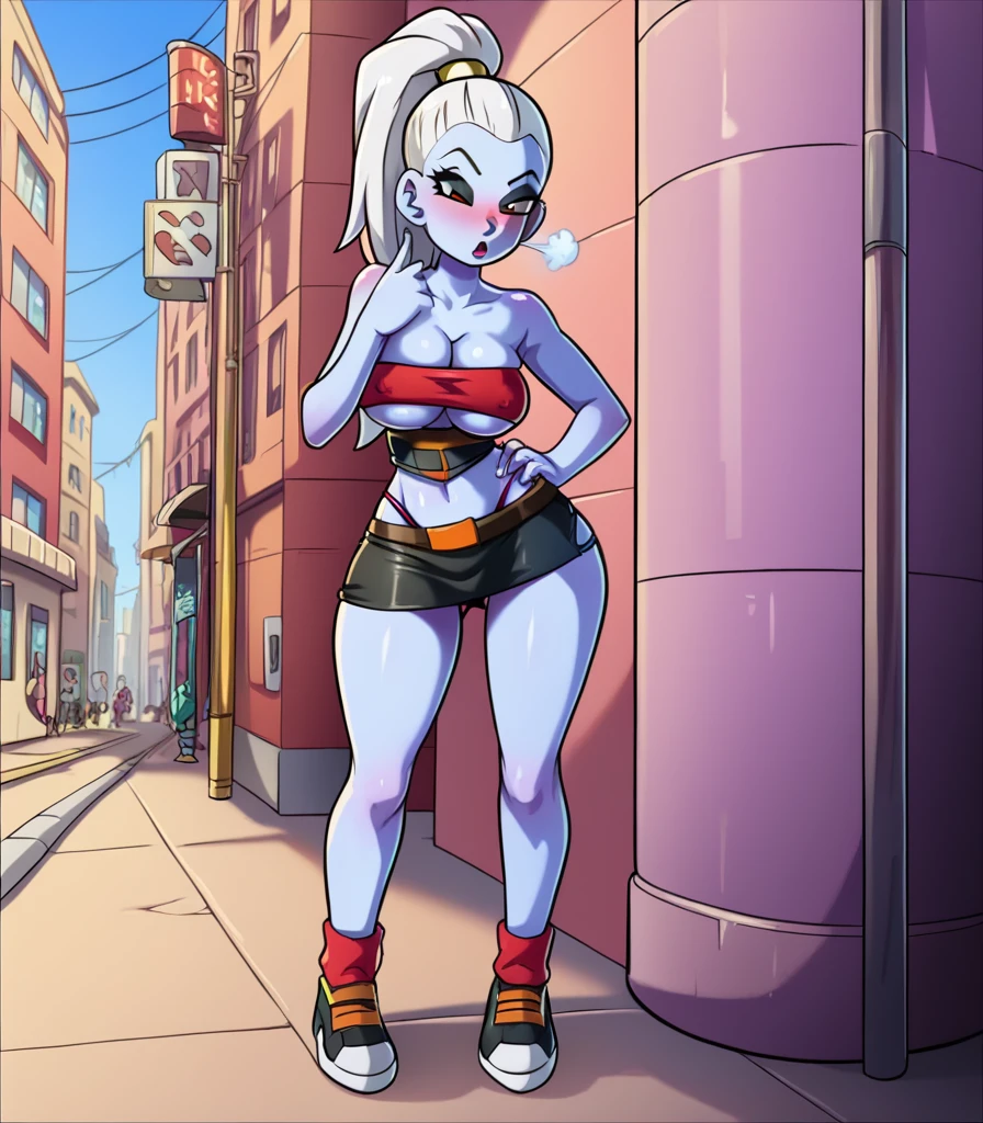 Facing away from camera, looking over shoulder, full body visible, Blue skin, vados, white hair, 1girl, background, blush, red hair, big breasts, tomboy, one short pigtail, nighttime, hot breath, open mouth, dimmed lighting, standing, city, big ass, wide hips, toned body, tube top, underboob, cleavage, transparent micro skirt, ass cleavage, butt cleavage, midriff, prostitute, black eyeshadow, (detailed fingers), thong peek, corset, cleavage, ass, no bra, 5 fingers, pussy, cameltoe, pussy showing 