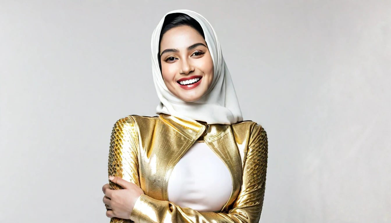 The image is a computer rendering of a woman wearing a hijab and a gold top, posing with a smile. The image shows a woman wearing a hijab, smiling and holding her breasts, which are exposed, against a white background.