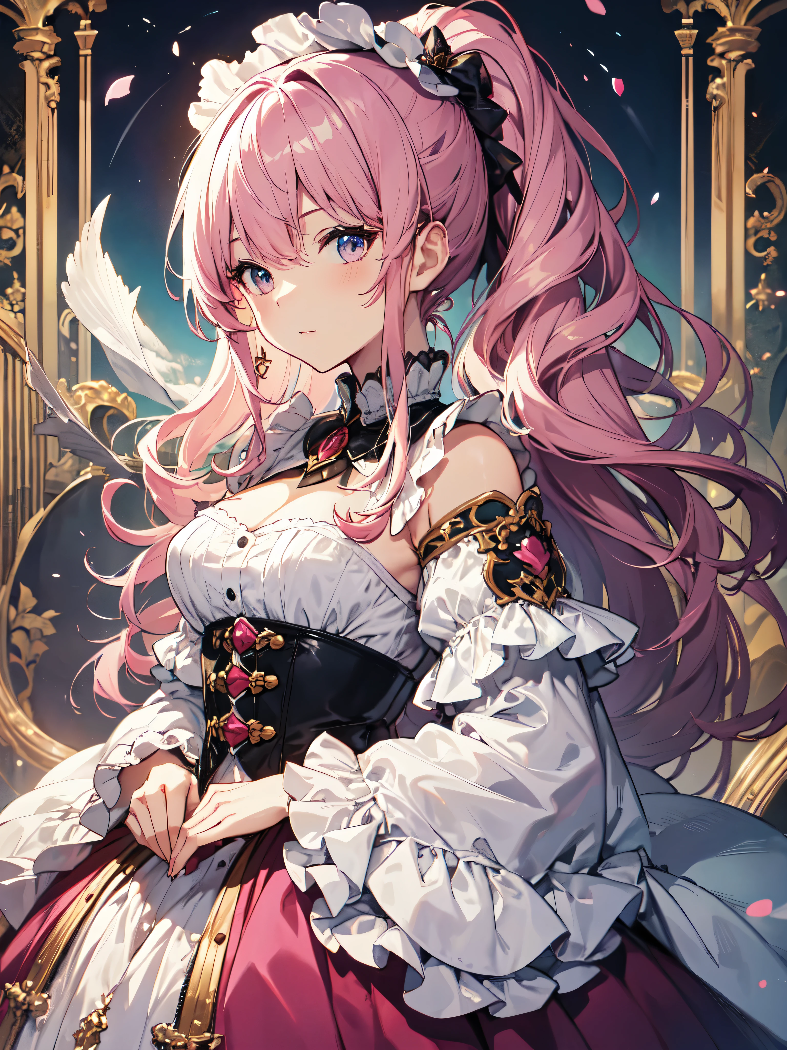 (((Ultra gorgeous  beautiful dress is rococo style bawlgawn with))), ((hoopskirt and long hems)), solo lady is cute and very beautiful, (ponytail pink fluffy hair:1.5), Curly Hair, (Expressive hair:1.2), (very voluminous long hair:1.2), (cowboy shot), (((masterpiece))), (((best quality))), (((ultra detailed))), ((an extremely delicate and beautiful)), (unity 16k wallpaper),