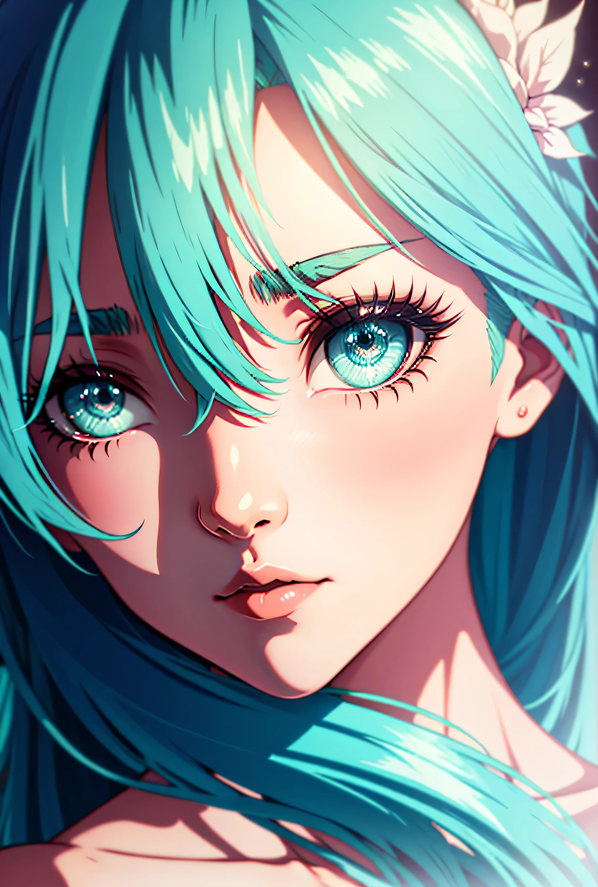 Mint hair, long hair, hair strand, pupils sparkling, (((mint eyelashes))), anime style, anime eyes, close up, sparkle, UHD, 8k, absurdres 