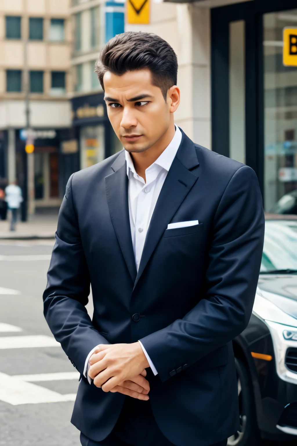 A business man think something deeply in the rush road