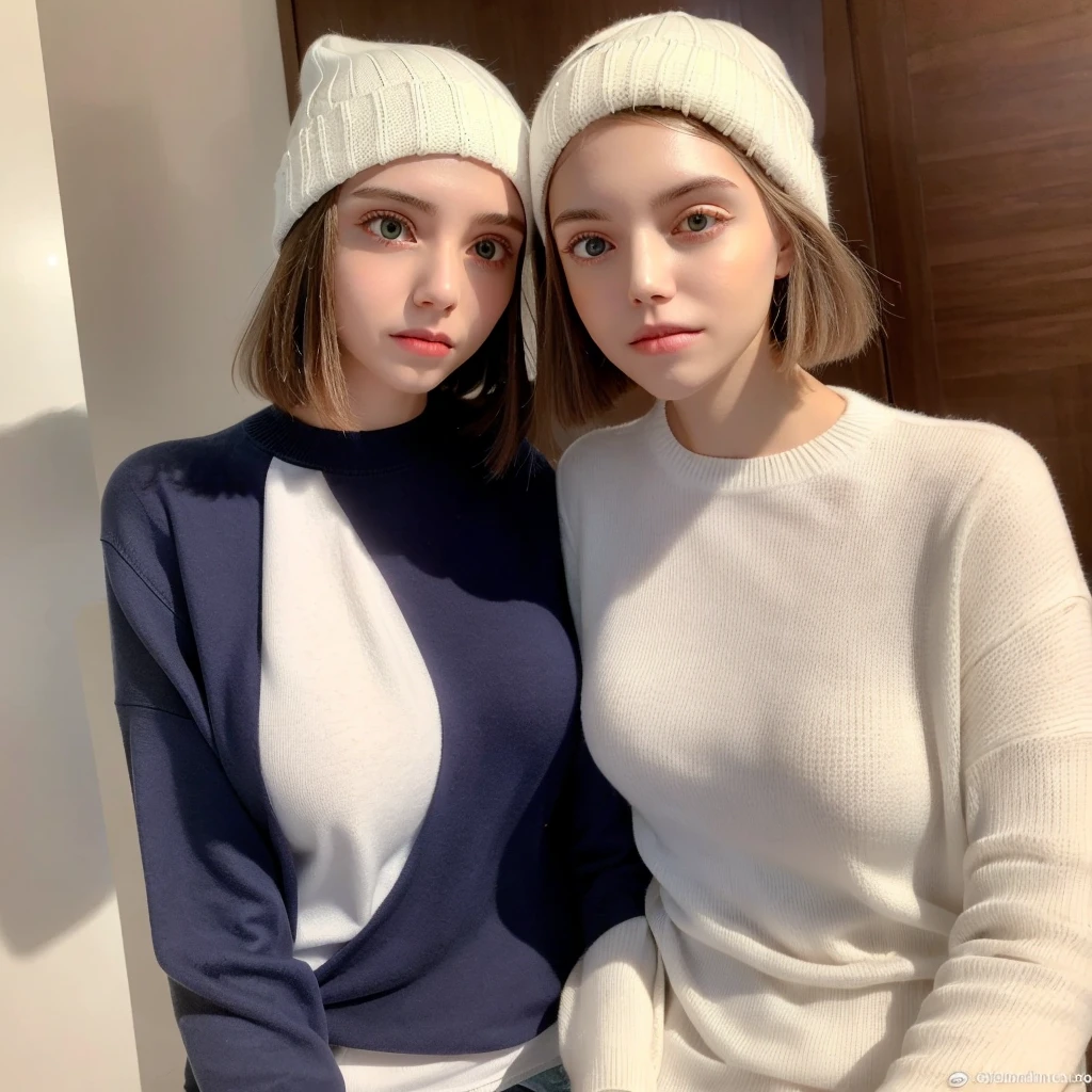 straight hair, white skin, looking at camera, white sweater, white beanie,