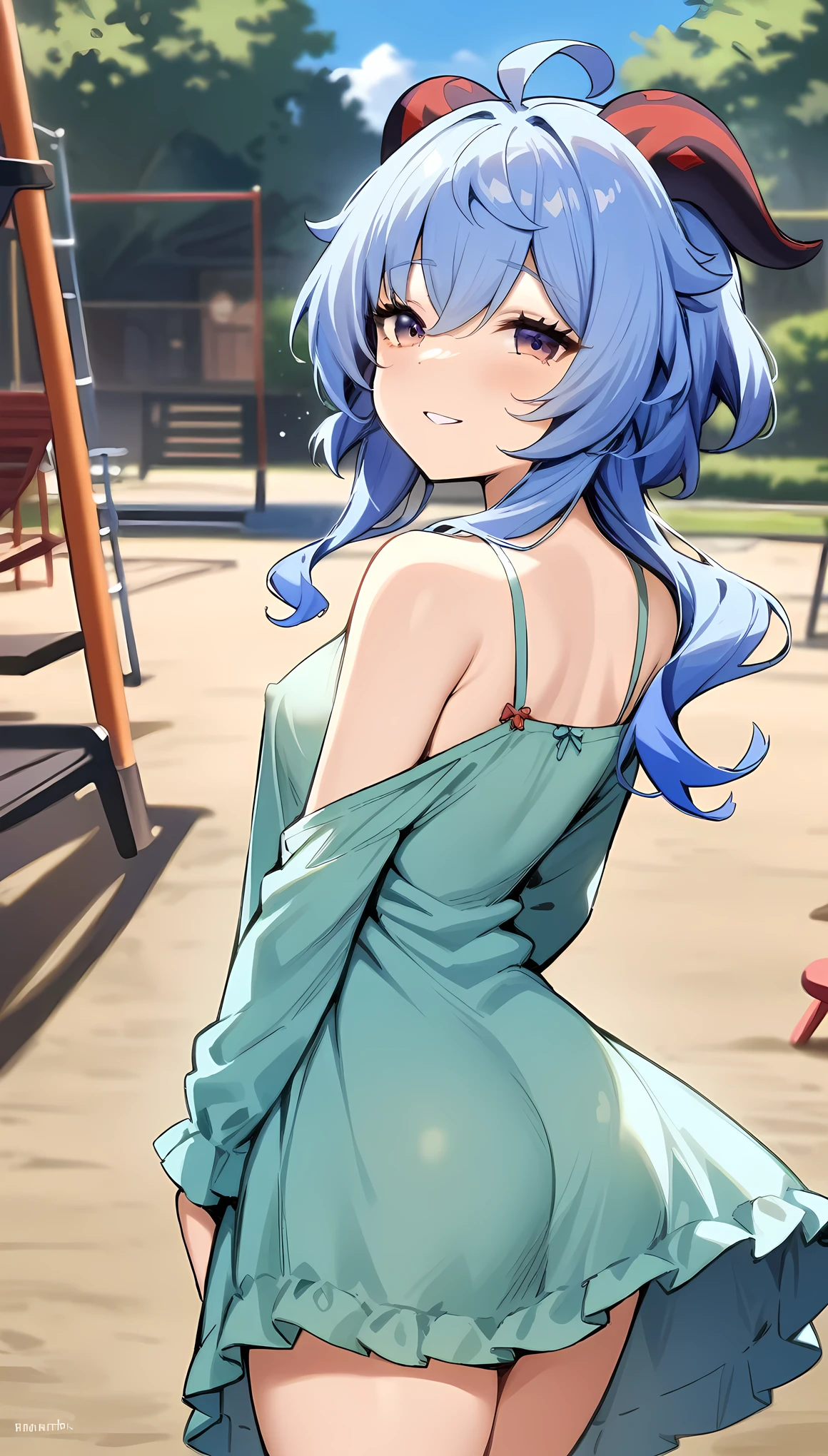 masterpiece, best quality, very aesthetic, absurdres,1girl,covered_nipples, ,ganyu,ganyu(genshin impact), horns, short blue hair,,pajamas,nightgown,naughty face,in a playground,from behind,floating_hair