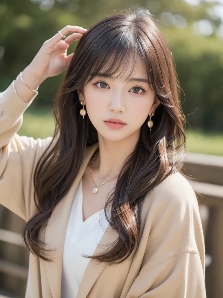 ((Highest quality, 8K, masterpiece:1.3)), concentrate: 1.2, Perfect body beauty: 1.4, Hips: 1.2, ((Long Hair, chest: 1.2)), (Dry clothes: 1.1) , (clear, Simple Background:1.3), Simple clothes: 1.1, Highly detailed face and skin texture,Delicate eyes, double eyelid, Whitened skin, Rough skin、Long Hair、Earrings with bangs、necklace、 solo、Beige coat、White shirt, (((Beautiful girl with cute Japan)))、 ((Beautiful Japanese girl 20 years old))、 ((Baby Face))、 (((Slender body)))、 Upper Body,Face focus、necklace,Simple Background,From above, Realistic Hair、 A photograph was taken:Canon EOS R6、135mm、1/1250 seconds、f2.8、ISO400、(Detailed explanation of the hand)、(Masseter muscle area)、(Exquisite CG)、Long Hair, loose and curly hair、Korean Hair、Long Hair明るいベージュ色、グラデーションハイライトグレージュのゆるふわLong Hairスタイル、