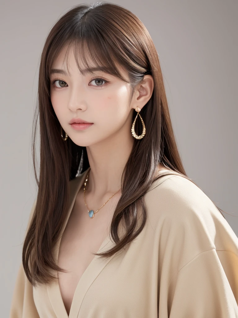  ((Highest quality, 8K, masterpiece:1.3)), concentrate: 1.2, Perfect body beauty: 1.4, Hips: 1.2, ((Long Hair, chest: 1.2)), (Dry clothes: 1.1) , (clear, Simple Background:1.3), Simple clothes: 1.1, Highly detailed face and skin texture,Delicate eyes, double eyelid, Whitened skin, Rough skin、Long Hair、Earrings with bangs、necklace、 solo、Beige coat、White shirt,  (((Beautiful girl with cute Japan)))、  ((Beautiful Japanese girl 20 years old))、 ((Baby Face))、 (((Slender body)))、  Upper Body，Face focus、necklace，Simple Background，From above， Realistic Hair、 A photograph was taken:Canon EOS R6、135mm、1/1250 seconds、f2.8、ISO400、(Detailed explanation of the hand)、(Masseter muscle area)、(Exquisite CG)、Long Hair, loose and curly hair、Korean Hair、Long Hair明るいベージュ色、グラデーションハイライトグレージュのゆるふわLong Hairスタイル、