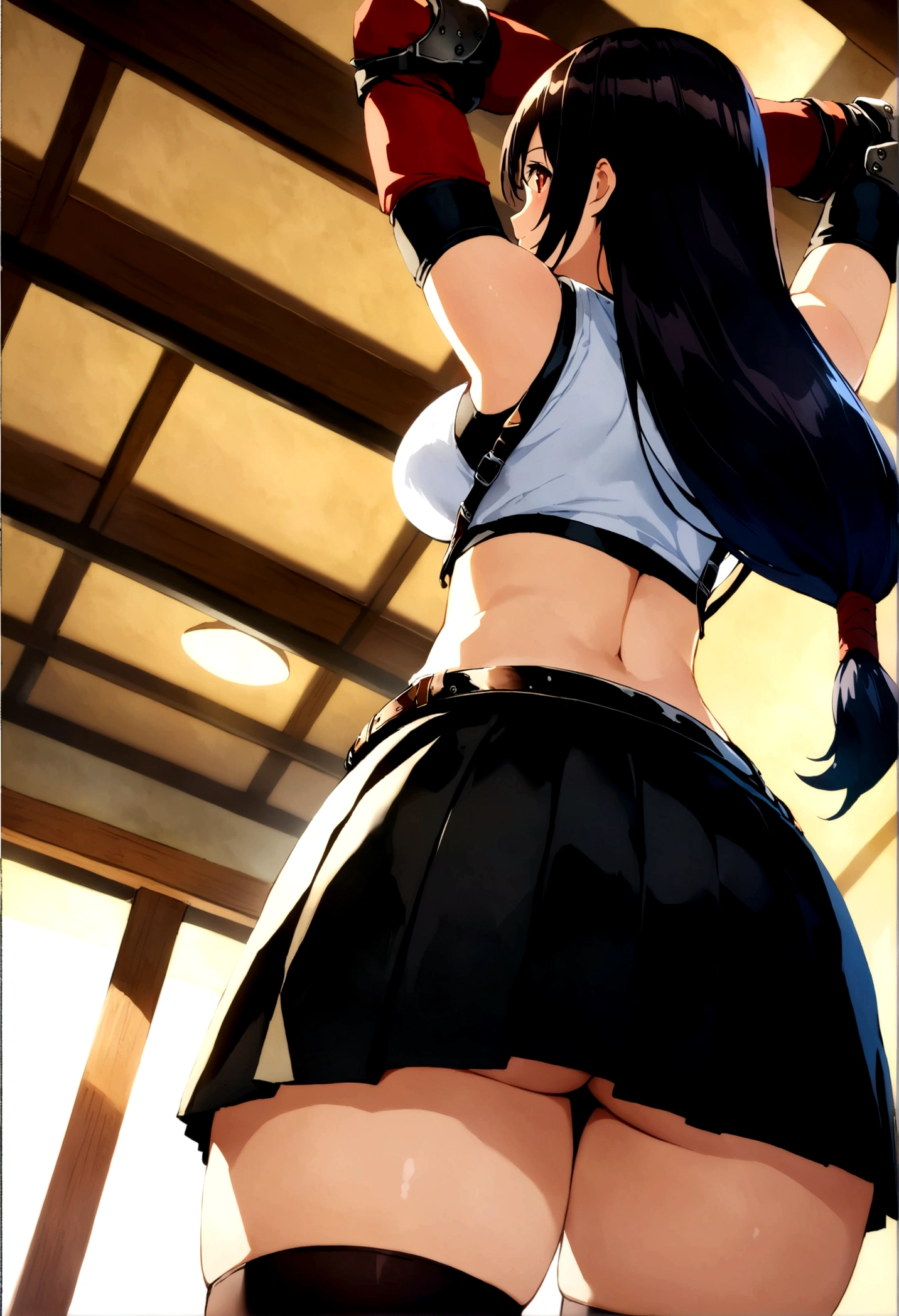 score_9, score_8_up, score_7_up,score_6, score_5,BREAK , from behind,from below,back view,ass focus,(ceiling:1.3),standing,,arms up,arms behind head.arms in hair,(mediumshot), ,1girl, tifa lockhart, final fantasy, tareme,black hair, low-tied long hair, red eyes, bangs, (white tank top, belt, pleated skirt, thighhighs, elbow fingerless gloves, elbow pads, midriff, navel,suspender skirt) ,(large_breast),(light smile),Curvy waist,,Solo,,(daytime,outdoor ),detailed,(best quality),(aesthetic,very aesthetic),UHD,HDR,extremely detailed CG unity 8k wallpaper,anime,highly detailed,sharp focus,depth of field,,professional lighting,cinematic lighting, , 　　