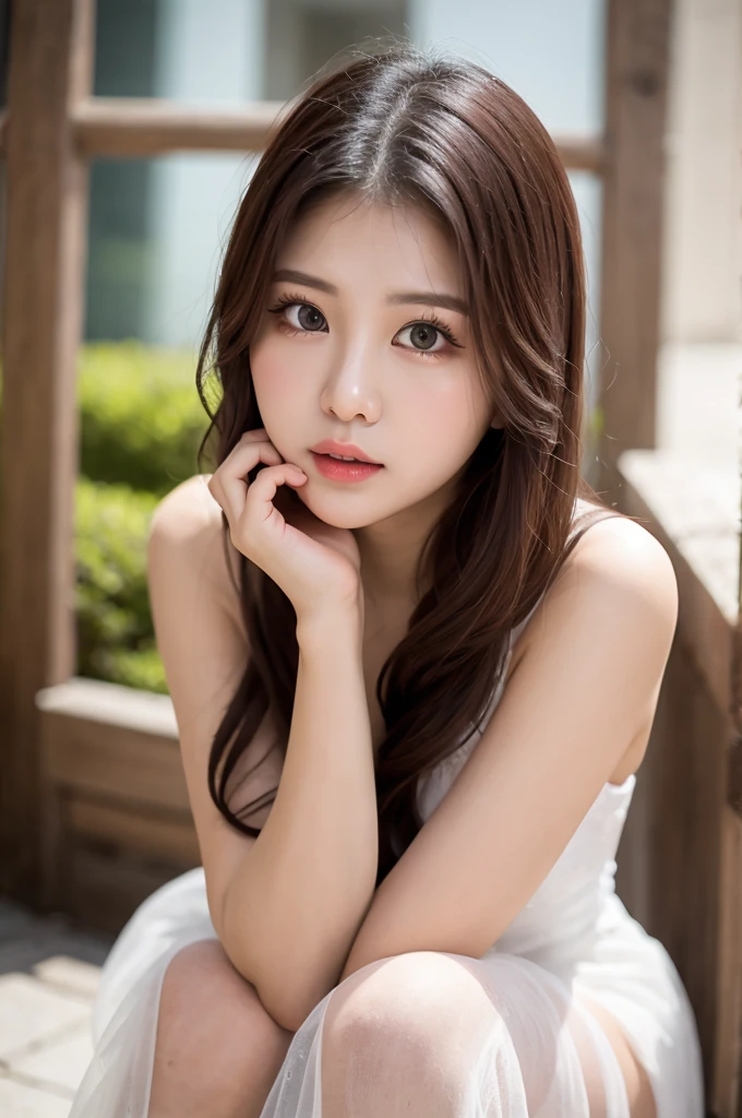 ulzzang-6500-v1.1, (RAW Photos:1.2), (Photorealistic), Beautiful detailed girl, (See-through:1.3), (Genuine: 1.4), Very detailed目と顔, Beautiful and fine details, Elegant long dress、Huge file sizes, High resolution, Very detailed, Highest quality, [masterpiece:1.6], Awareness-raising, Very detailed,  In detail, Highest quality, 8k wallpaper, Cinema Lighting, One Girl, , Perfect figure, Cute droopy eyes、Duck mouth、Beautiful big eyeasterpiece)), Highest quality, One Girl, eye shadow, Upper Body, Portraiture, ((Full Body Shot:1.2))、