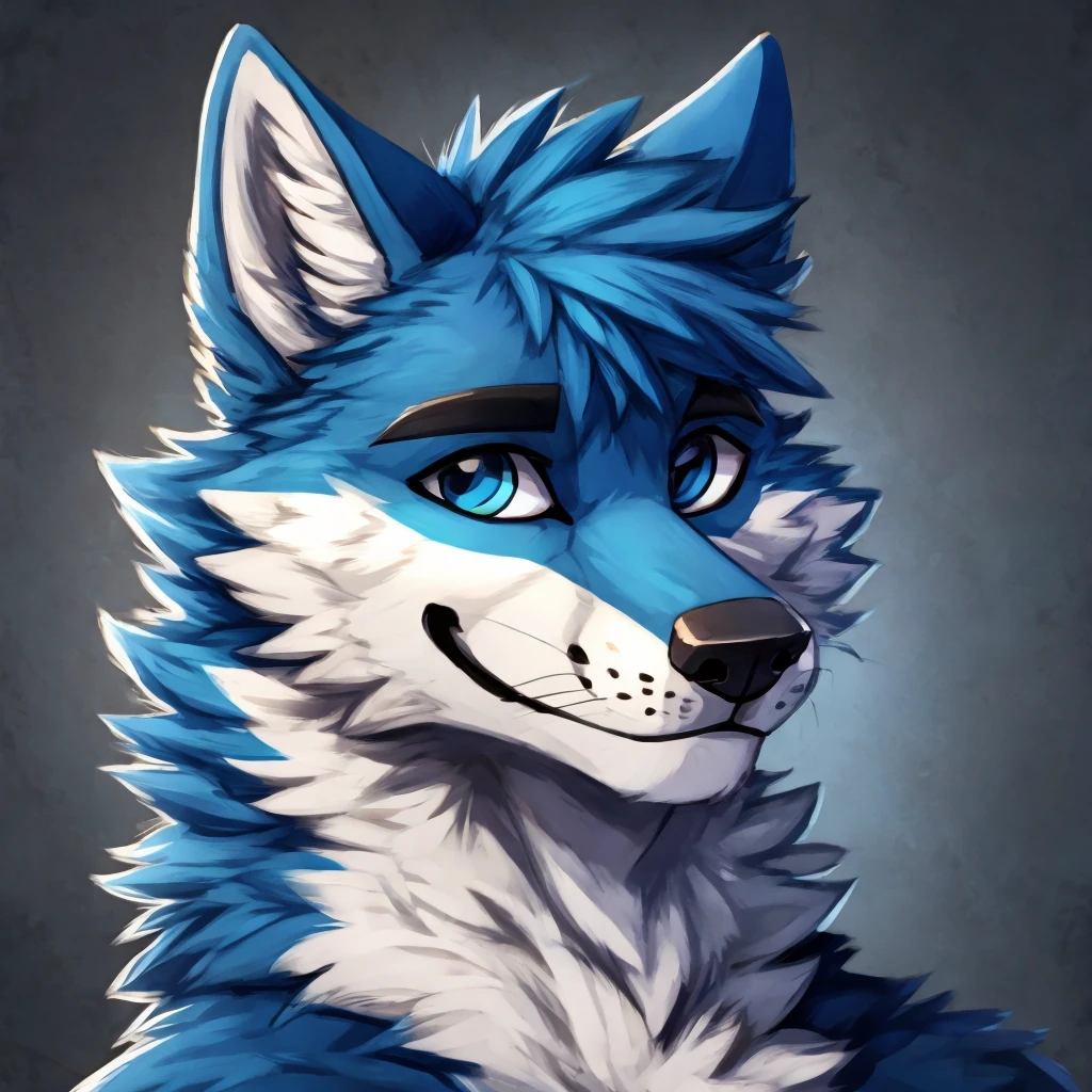 a anthropomorphic blue colored fur wolf, closed smile, headshot, high quality furry art, high quality furry ref.