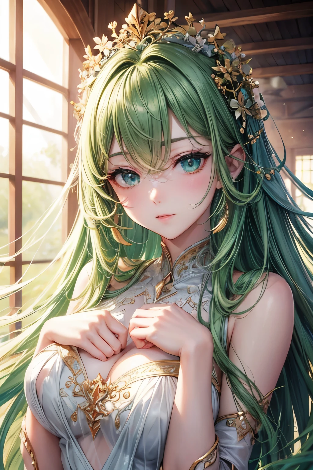 beautiful臉, best quality, Ultra-high resolution light, radiant skin, delicate skin, Detailed face, exquisite eyes, beautiful, Green hair, Straight Hair, flowing hair, Green eyes