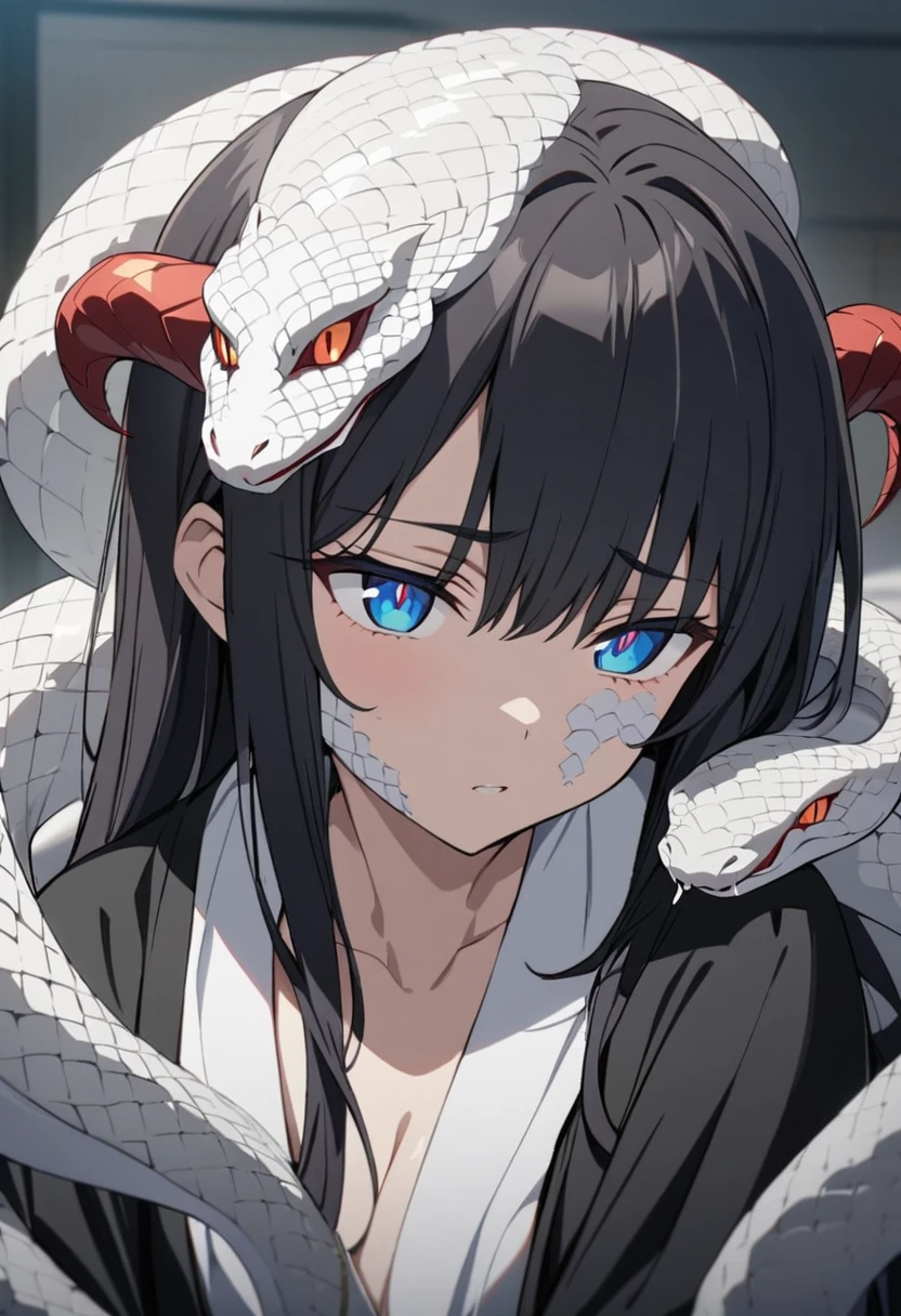 One woman, masterpiece, top quality, fair skin, black hair, blue eyes, red pupils, snake, plain white kosode, black haori, scales all over the body, horns growing from the side of the head, anime