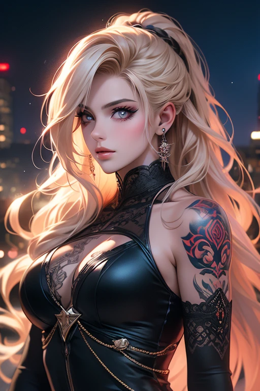 Ryan Ashley Malarkey, perfil portrait image of a woman with long light blond and black curly hair, red eyes, she wears social clothes and have a lot of ((tattoos on her body)). She is smiling like a villain, with a moon tattooed on her face, she is on a dark city scenery, symmetrical face, ((symmetric eyes)), high contrast, digital art trend on Artstation 8k HD high definition detailed realistic , hiper detalhado