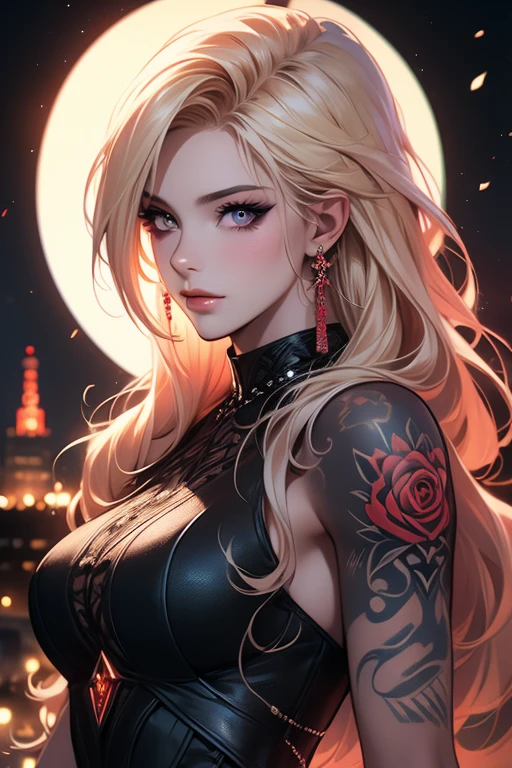 A striking female portrait featuring a woman with long, light blonde hair streaked with lots vibrant red highlights, creating a unique two-tone effect, long hair ponytail. Her large, piercing red and bloodshot eyes gaze intensely, adding an unsettling yet captivating presence. Dressed in formal attire, her body is adorned with numerous intricate tattoos, including a prominent moon design on her face. Fullbody shot, cowboy shot. The woman's symmetrical features and malevolent, wide grin convey a villainous, sinister demeanor, set against a dark, urban cityscape backdrop, using a mystical dress, golden adornments,
