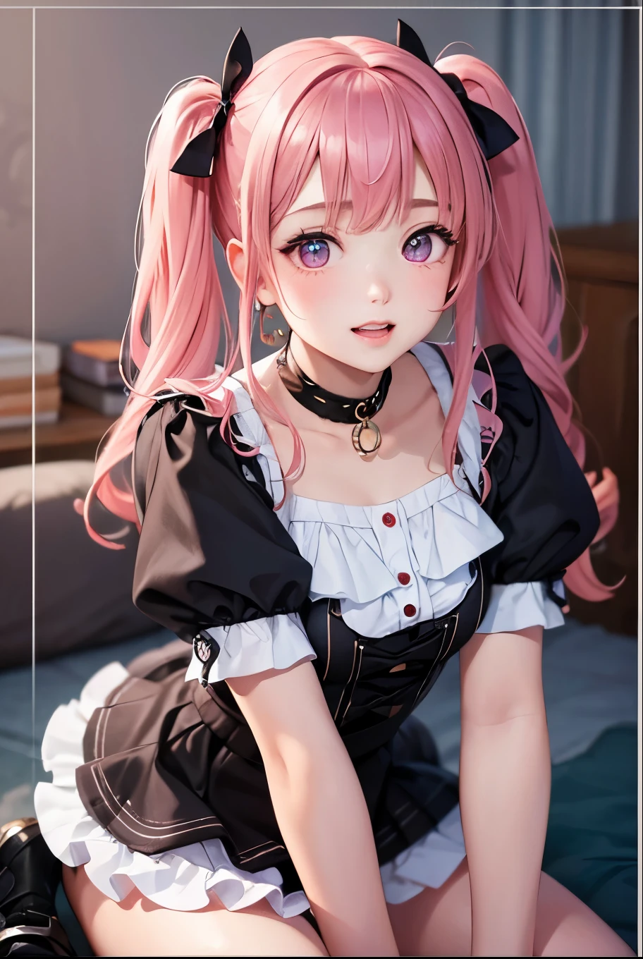 masterpiece, best quality, highly detailed, high resolution, expensive resolution, high resolution, 4k, 8k, uniform 8k wallpaper, highly detailed CG, masterpiece, 2d, 3d, beautiful details, depth, fine texture, best quality: 1.3, perfectly focused, sharp. skin, him, very cute anime girl, her name is Mei, short twin tails, idol, begging feeling, expensive pink short pigtails, mole under eye, from knee up, looking at the viewer, expensive, blush, mole, open lips, pink eyes, heart shaped choker, smiling face