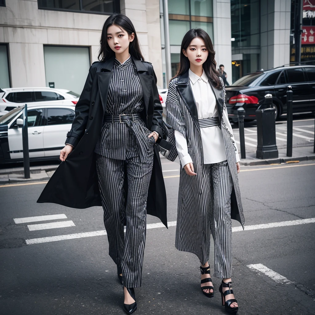 beautiful Chinese girl, wearing a striped black and white trench and pants, heels, fashionable, elegant, charming, good structure, extremely detailed, intricate, extreme detail description, professional, best quality, Ultra HD 8k