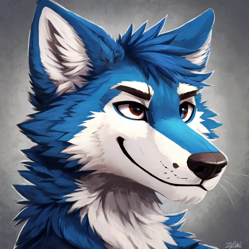 a anthropomorphic blue colored fur wolf, closed smile, headshot, high quality furry art, high quality furry ref.