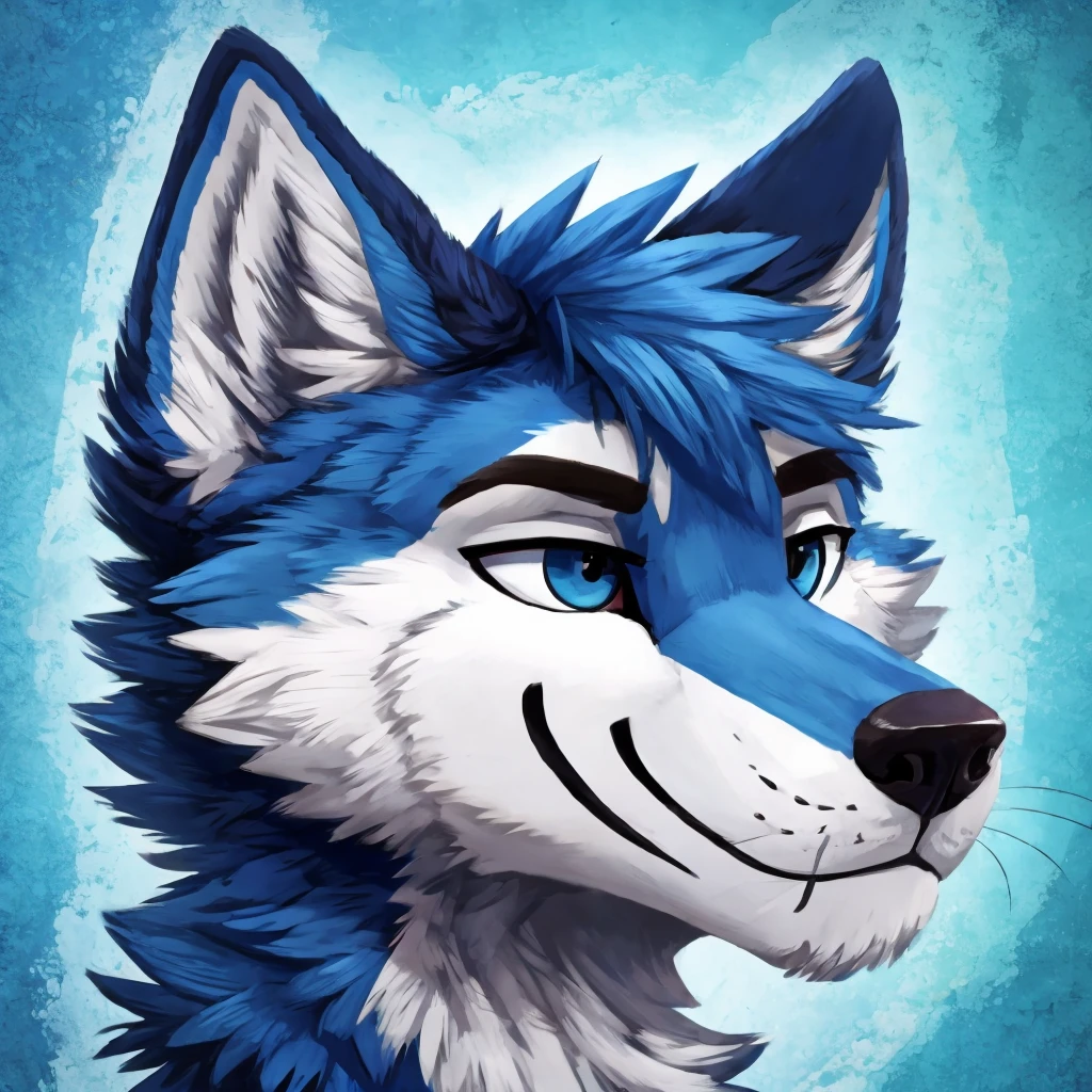 a anthropomorphic blue colored fur wolf, closed smile, headshot, high quality furry art, high quality furry ref.