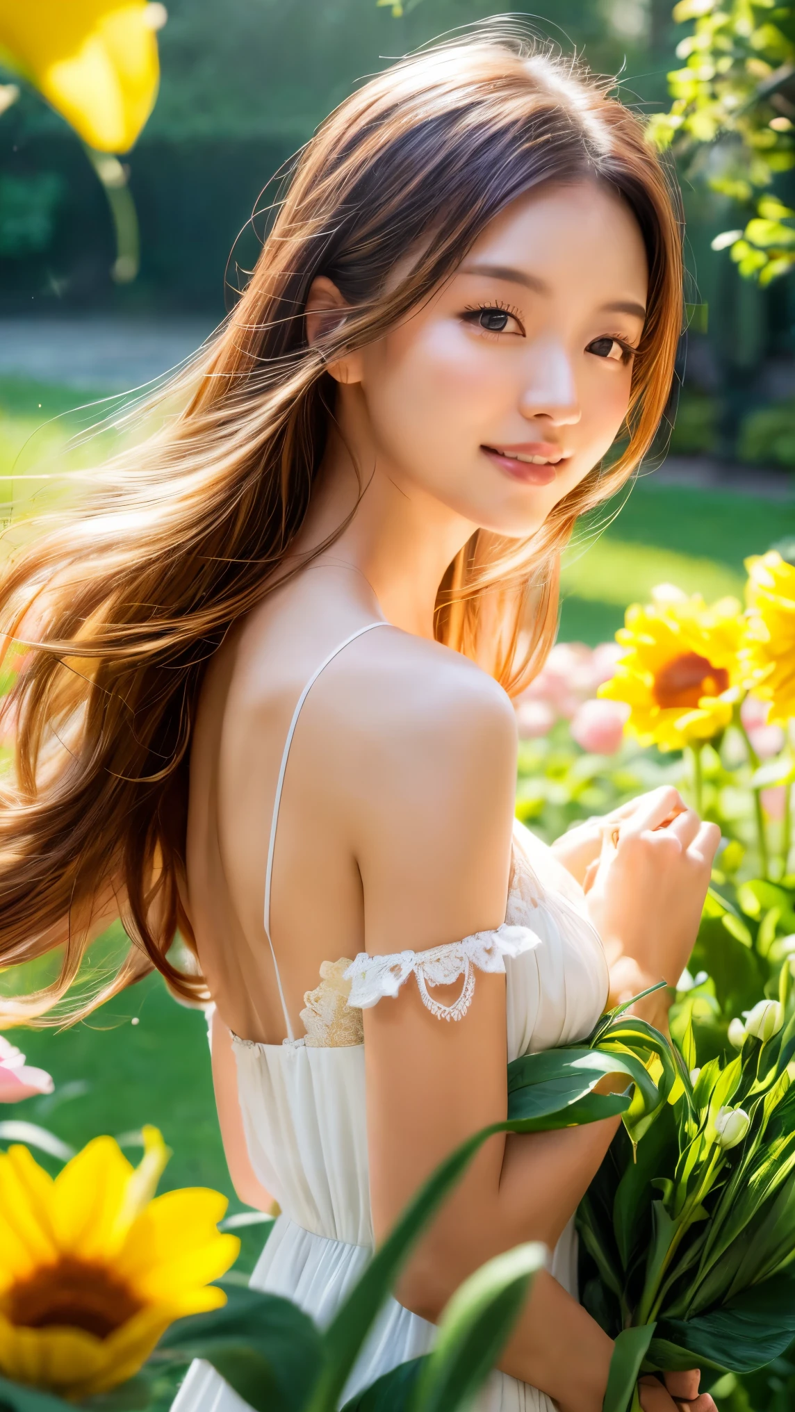 Standing in a vibrant garden、A girl with beautiful, delicate eyes and lips, Surrounded by blooming flowers and lush greenery. She has long eyelashes、Adds elegance to the face。. Colorful flowers are blooming in the garden, Includes roses, Tulips, sunflower. wood々The sunlight shining through the gaps is gentle., Casts a warm, glowing glow on the scene. The girl is wearing a white dress fluttering in the wind, Give her a graceful and elegant look. She has a happy smile, Radiates happiness and satisfaction. The overall atmosphere of the work is realistic and photorealistic., Vivid colors and sharp focus. This piece expresses the beauty of nature.、Capturing the essence of a perfect moment。. The lighting is soft and delicate, Creates a sense of calm and serenity. The artwork is of the highest quality, Features ultra-detailed elements that bring every aspect of your scene to life. A masterpiece made with precision and passion..