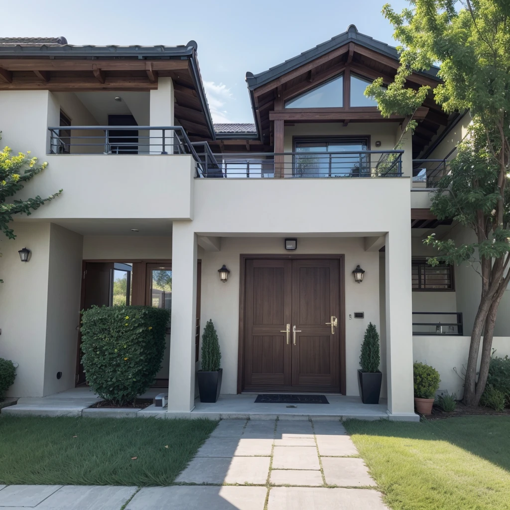 High-quality image of a residential environment with visible security features such as: security camera and electronic gate