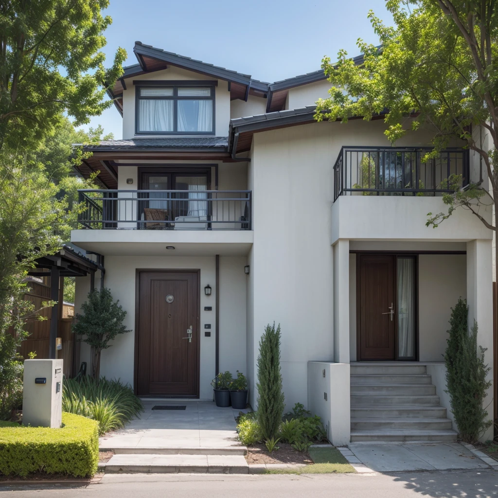 High-quality image of a residential environment with visible security features such as: security camera and electronic gate