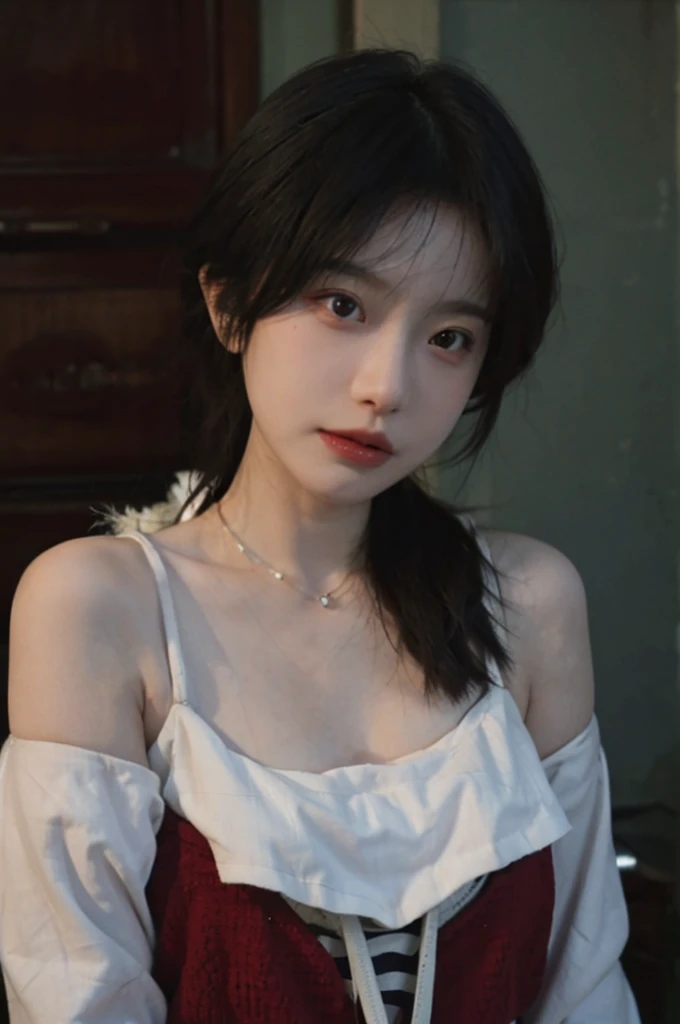 Film portrait photography, 2 girls, Bare shoulders,Lipstick,(flat chest:1.4), Wear a necklace,Cute expression,Exquisite makeup,Red suspenders,serene, calm, (Realistic and detailed eyes, Natural skin texture, Realistic facial details), Big breasts:1.6,Big Breasts,Soft dramatic lighting, Depth of Field, Bokeh, Vibrant details, Detailed and detailed, Surreal, 35mm film, hazy, ,