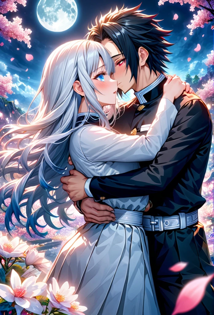 Ultra detailed, highres, absurdres, HDR, master piece, pretty woman with black long hair, woman with expressive blue eyes, black demon slayer uniform, Kimetsu No Yaiba, fantasy, petals, white flowers, pretty, men with long white hair, men with red eyes, huging, romance, magic, moon, best quality, extremely detailed face, love, passion, romance, anime, they are realy in love, love hug