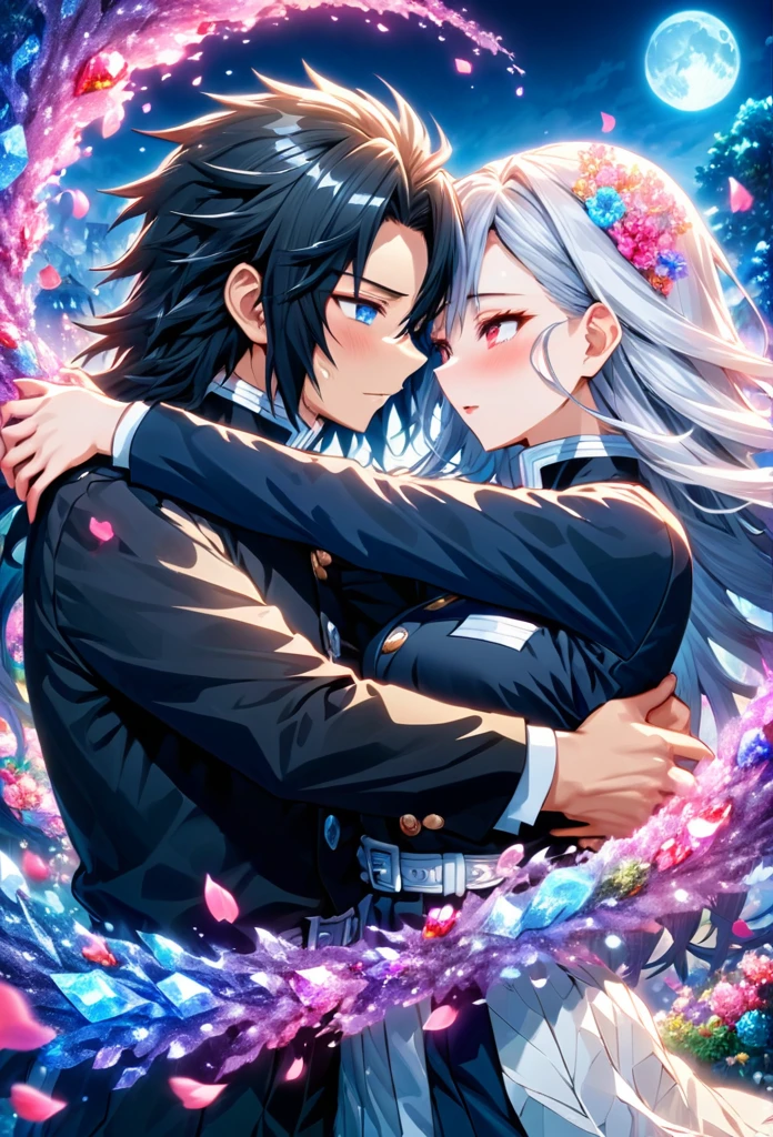 Ultra detailed, highres, absurdres, HDR, master piece, pretty woman with black long hair, woman with expressive blue eyes, black demon slayer uniform, Kimetsu No Yaiba, fantasy, petals, white flowers, pretty, men with long white hair, men with red eyes, huging, romance, magic, moon, best quality, extremely detailed face, love, passion, romance, anime, they are realy in love, love hug