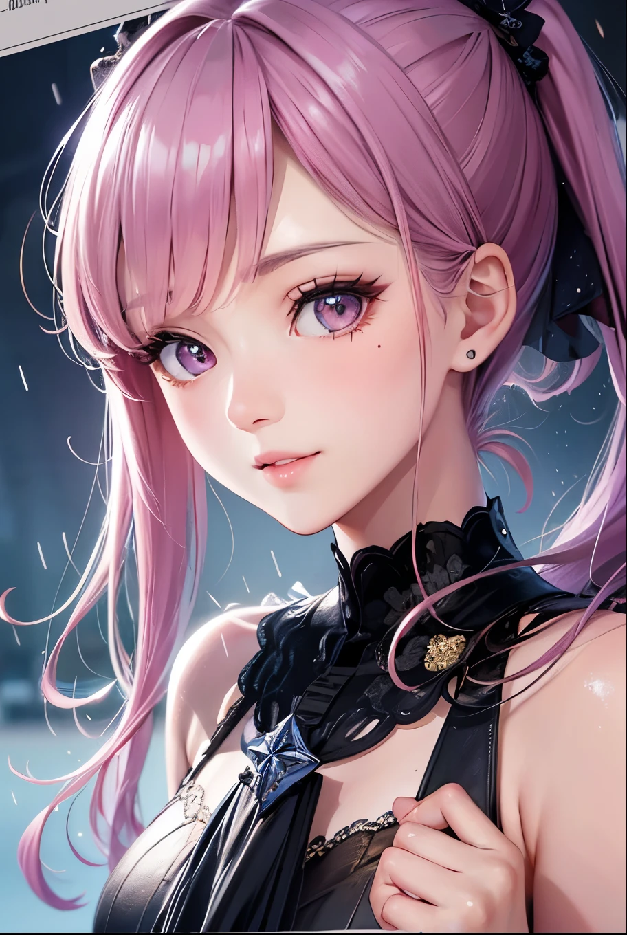 masterpiece, best quality, highly detailed, high resolution, expensive resolution, high resolution, 4k, 8k, uniform 8k wallpaper, highly detailed CG, masterpiece, 2d, 3d, beautiful details, depth, fine texture, best quality: 1.3, perfectly focused, sharp. skin, him, very cute anime girl, her name is Mei, short pigtails, idol, in the rain, expensive pink short pigtails, mole under eye, looking at the viewer, expensive, blush, mole, open lips, pink eyes, heart shaped choker, smiling face