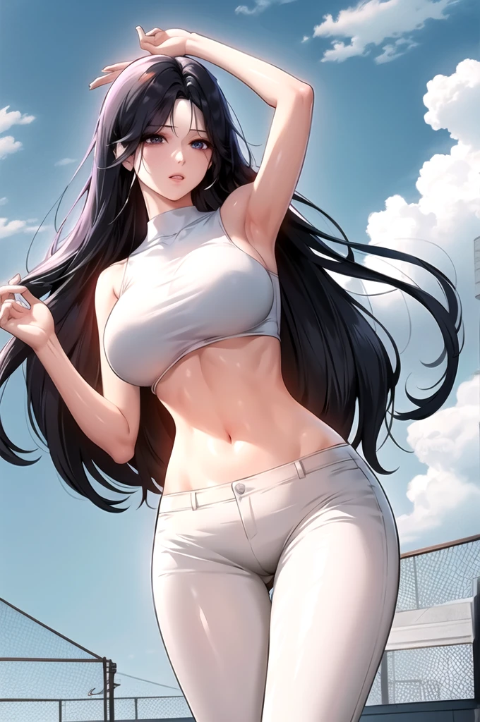 Black hair,blue eyes,(high quality eyes),masterpiece, best quality, high quality, highres, outdoors, looking at viewer, see through white shirt,see through crop top, midriff, navel, black latex pants, Jenny, tall female,big breasts, tassel earrings,wavy hair,
