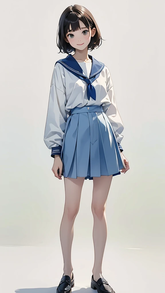 (1 Girl、alone、whole body、14 years old、natural standing posture)、(Standing casually)、(whole body:1.4)、(whole bodyショーケース)、(whole bodyを見せる)、((Character Concept Art))、(Portraiture:1.2)、(Detailed facial depiction、Carefully drawn face、A kind smile)、Short dark brown hair、Sailor suit、Navy blue sailor collar、uniform、Short skirt:1.37、超Short skirt、shoes、loafers、(Vintage、Classic)、((No background))、((White Background))、Blur the background、(No logo)、((watercolor))、Impressionist style painting、(Highest quality、masterpiece)、