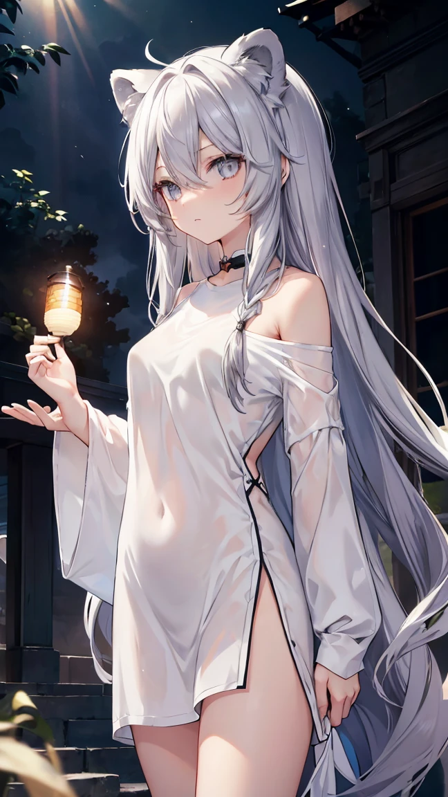 High resolution、Girl、Silver Hair、Long Hair,(),Lion ears、Grey Eyes、Slender、Toned body、Naked T-shirt,Lantern,Mansion,Put out your right shoulder,