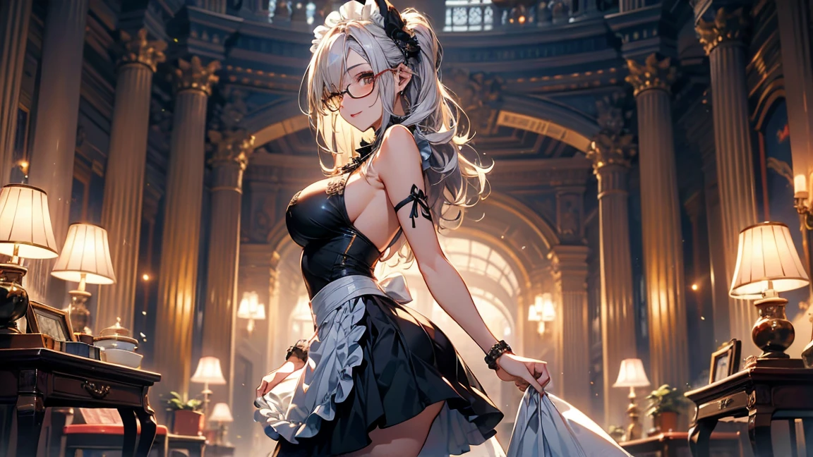 (masterpiece, Highest quality), (Ultra-high resolution, 8k RAW photos, Photorealistic:1.5, Fabric Shading, Thin contours), Beautiful mature woman preparing a tea party in the garden, (Tea set, you can, Tea cup, Some cakes on a plate), Gothic Table, 伝統的な茶色のMaid clothesを着用, Bare shoulders, Maid clothes:1.2, Long Flared Skirt, apron, tall and leggy, Long white hair, Wearing rimless glasses, (Mature Woman:1.5, 28 years old, alone), (Large Breasts, Saggy breasts, big , Tight waist), (Long white hair, Hair on one eye, Updo, Side Lock, Asymmetrical Hair, Wavy Hair), (Bright Eyes, Fine grain, A face with attention to detail, perfect face shape, Bloodshot eyes), (A seductive smile, Half-close your eyes), (Looking at the audience:1.3), (Dynamic Angle, Thigh focus, From side to bottom:1.2), ((Correct Anatomy:1.5, The right move)), (Ideal body proportions), Outdoor, Grass garden, I have a book,Tropical atmosphere