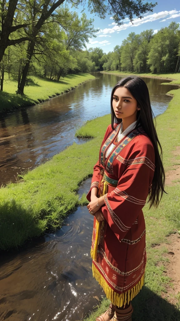 Gorgeous 22 year old choctaw woman, wearing traditional clothing, standing in a rivers edge, plains surrounding, trees in distance, bright sunny day