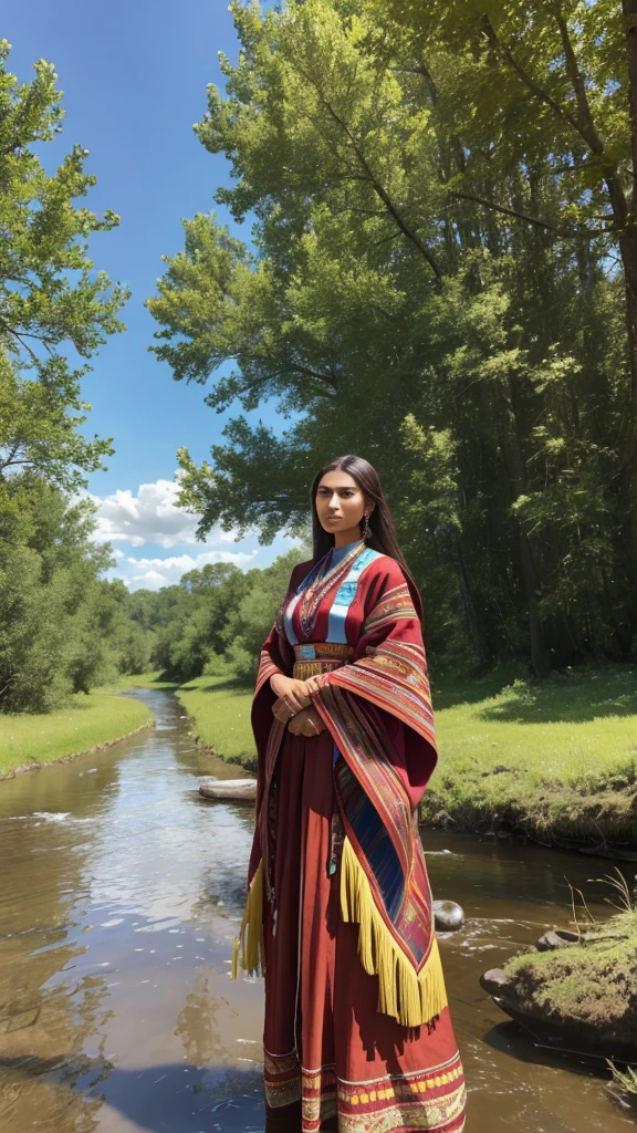 Gorgeous 22 year old choctaw woman, wearing traditional clothing, standing in a rivers edge, plains surrounding, trees in distance, bright sunny day