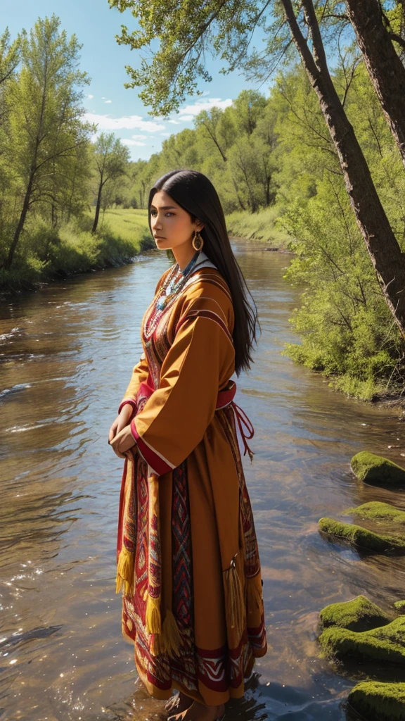 Gorgeous 22 year old choctaw woman, wearing traditional clothing, standing in a rivers edge, plains surrounding, trees in distance, bright sunny day