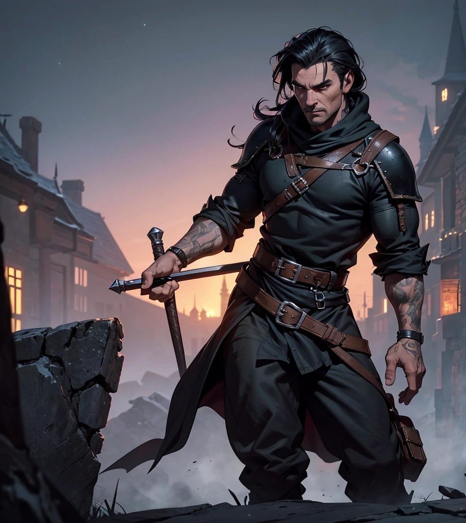 (((Appears to be 20 years old with youthful looks.))) (((Dark and sinister background at night.))) (((Solo character image.))) (((Generate a single character image.))) Dark fantasy art, (((Dark, night time background.))) (((Strong elements of dark medieval fantasy.))) (((Handsome rugged male.))) Night background. Dark. Eerie. Dark fantasy art, long blond hair, Scoundrel. Vagabond. Miscreant. Knave. This is an urban explorer in a dark fantasy realm. Looks mysterious, wearing a black shirt, black pants and black boots. Looks like a sneaky rogue in medieval fantasy urban setting. Looks like a shady rogue in a medieval fantasy setting. Looks like a medieval fantasy male character. Looks like a male rogue for Dungeons & Dragons in a medieval fantasy setting. Wears lots of black clothing. Looks like a handsome criminal for a medieval fantasy setting. Looks shifty. Looks suspicious. Looks untrustworthy. wearing black leather medieval clothing, sneaky, rogue, muscular, bodybuilder, gorgeous face, fantasy artwork, fantasy attire, fantasy adventurer, masterpiece:1.3,madly detailed photo:1.2, hyper-realistic lifelike texture:1.4, picture-perfect:1.0,8k, HQ,best quality:1.0, (masterpiece,fantasy,art, best quality, unreal engine, 8k, ultra HD, centered image, absurdres