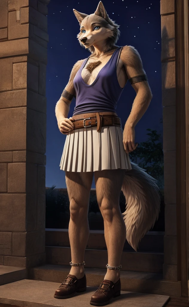 Juno is a gray wolf with curled brown fur and blue eyes. She is wearing her a long pleated white skirt decorated with two light blue horizontal lines near the hem, a thin tan belt, white anklet socks, and black Mary Jane shoes. anthro wolf, female, adult, brown fur, buffed body, tail, sexy, beefy body, furred body, furry chest hair, realistic, full body, photorealistic, ultra realistic, 8k, night, bare-chested
