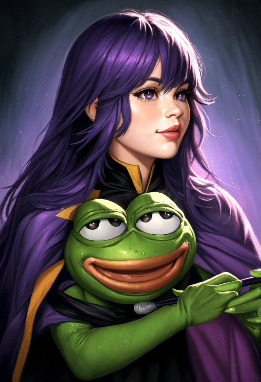 "(muitos detalhes, qualidade de obra-prima), Realistic tattoo illustration, A frog wearing purple wizard clothes and holding a magic wand" (((pepe_frog))), 2d art, simple drawing