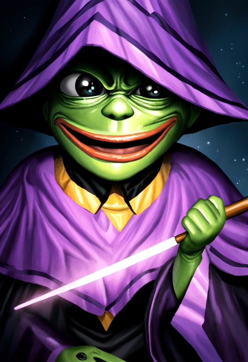 "(muitos detalhes, qualidade de obra-prima), Realistic tattoo illustration, A frog wearing purple wizard clothes and holding a magic wand" (((pepe_frog))), 2d art, simple drawing