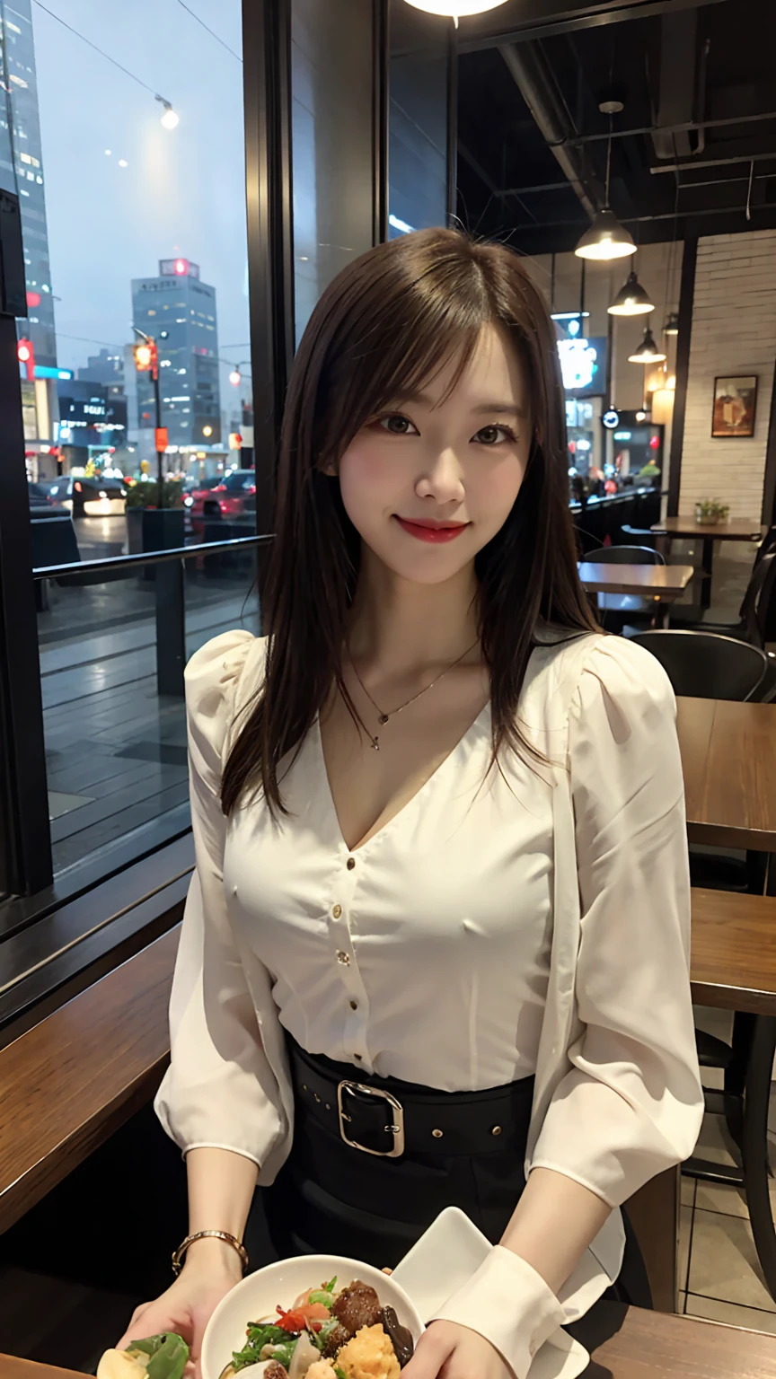 highest quality, masterpiece, 8K, ultra high resolution, (realistic: 1.4), beautiful face, symmetrical eyes, Japanese, 20 years old, brown hair, smile, wearing makeup, high-definition images, atmospheric perspective, super detail, accurate, best quality, (angle from under the table), a Japanese lady, drooping eyes, sleepy face, blush, in the city, busy, skyscrapers, skirt, high heels, necklace, white blouse , restaurant with large windows, takes a seat, (other customers), night scene, windows have harbor view, foods, romantic dinner