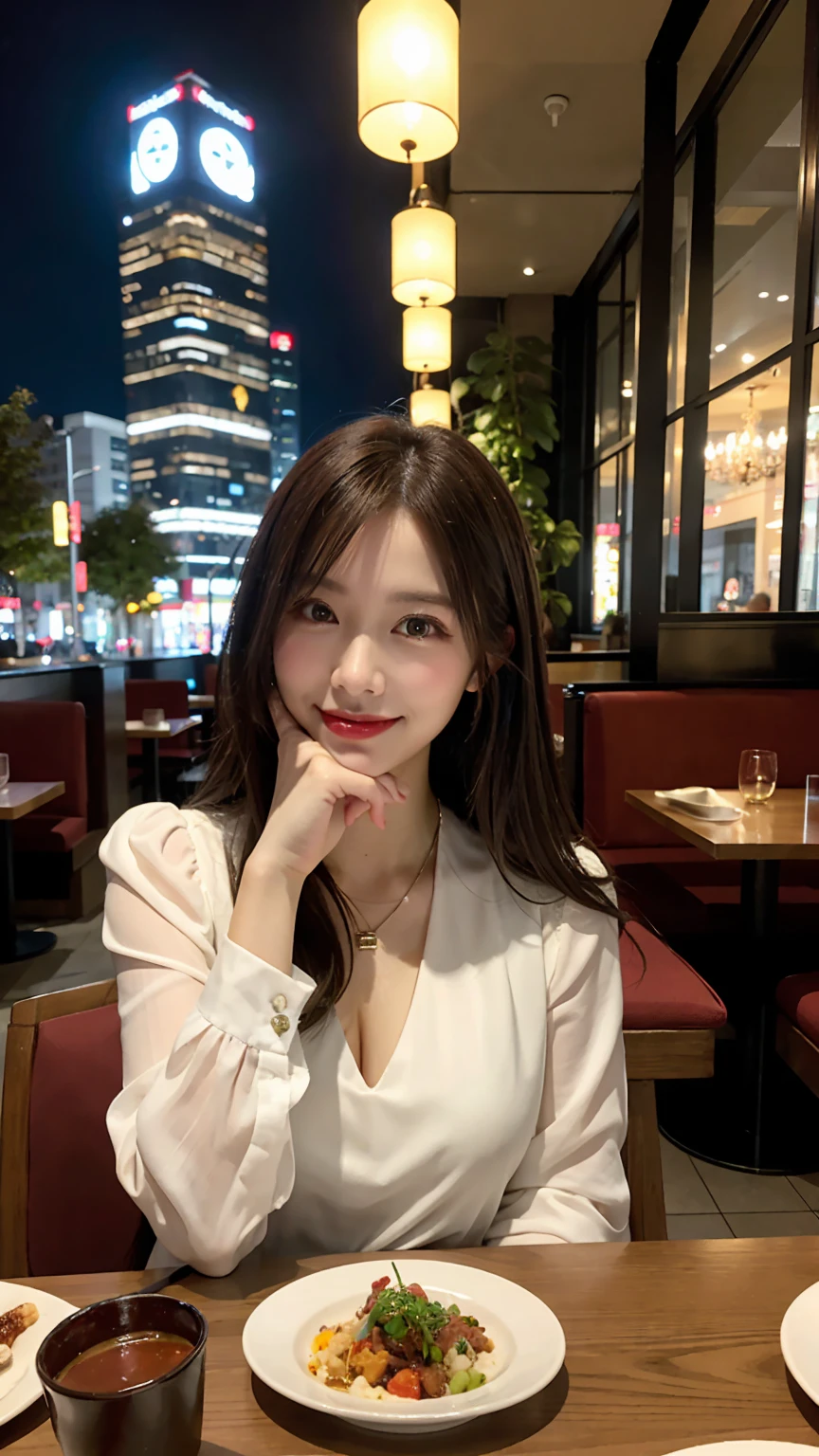 highest quality, masterpiece, 8K, ultra high resolution, (realistic: 1.4), beautiful face, symmetrical eyes, Japanese, 20 years old, brown hair, smile, wearing makeup, high-definition images, atmospheric perspective, super detail, accurate, best quality, (angle from under the table), a Japanese lady, drooping eyes, sleepy face, blush, in the city, busy, skyscrapers, skirt, high heels, necklace, white blouse , restaurant with large windows, takes a seat, (other customers), night scene, windows have harbor view, foods, romantic dinner