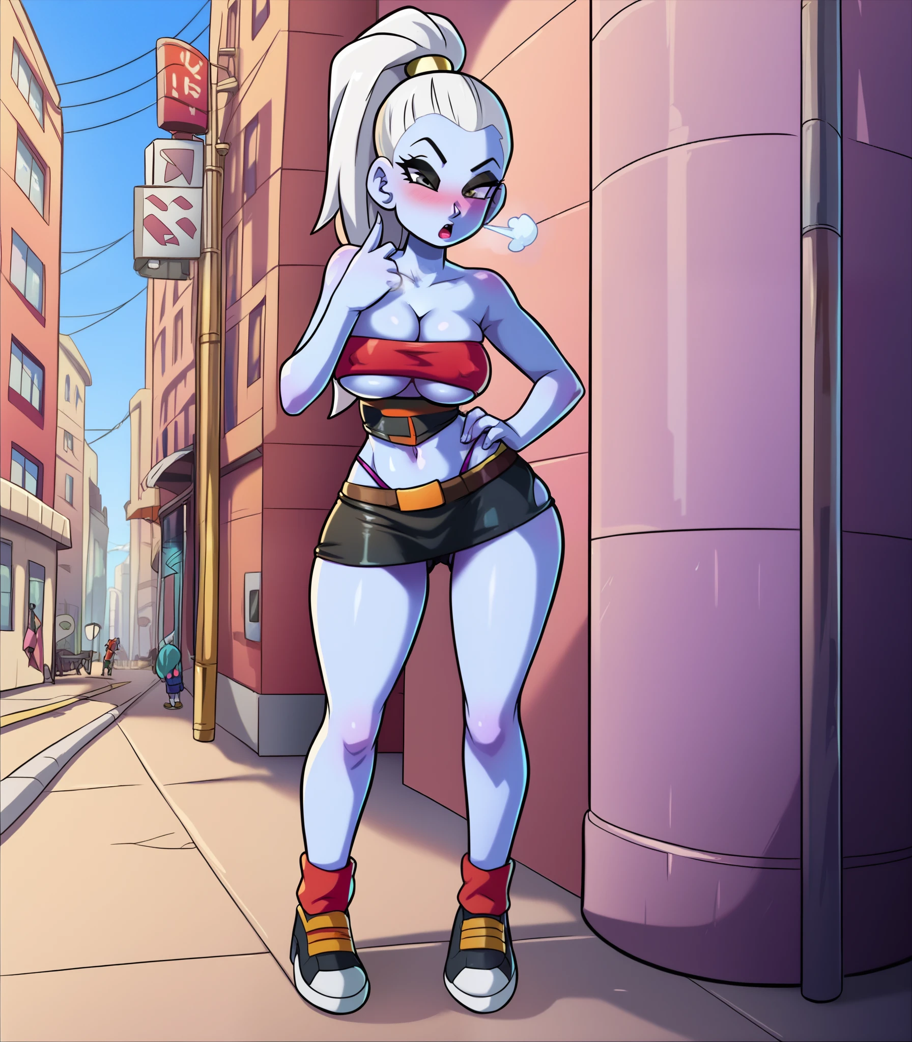 Facing away from camera, looking over shoulder, full body visible, Blue skin, vados, white hair, 1girl, background, blush, red hair, big breasts, tomboy, one short pigtail, nighttime, hot breath, open mouth, dimmed lighting, standing, city, big ass, wide hips, toned body, tube top, underboob, cleavage, transparent micro skirt, ass cleavage, butt cleavage, midriff, prostitute, black eyeshadow, (detailed fingers), thong peek, corset, cleavage, ass, no bra, 5 fingers, pussy, cameltoe, pussy showing 