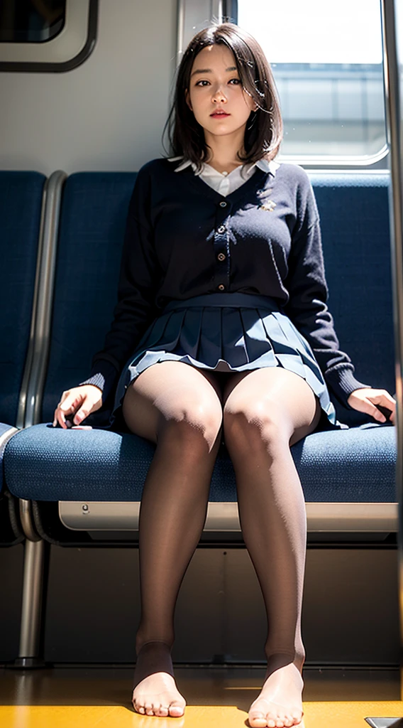 "(masterpiece, High resolution, Ultra High resolution, 4K) Black Hair, 14 year old Japanese girl, Uniform skirt, Accentuate your thighs, White thighs, Soft thighs, Glossy thighs, (Ultra-realistic pantyhose), Sitting on a train, Facing angle, (Angle from below),sitting in a train seat,Sit in front,Zoom camera on crotch,Put your feet on the train floor,whole body,Looking down and sleepy,Watch only viewers", Highest quality, 超High resolution, (Realistic:1.4),, High resolution, detailed, RAW Photos, sharp, Nikon D850 film stock photo by Lee Jefferies 4 Kodak Portra 400 camera F1.6 Lenses、Rich colors、Ultra-realistic and lifelike textures、Dramatic lighting、Unreal Engine、Art Station Trends、Cinestar 800,