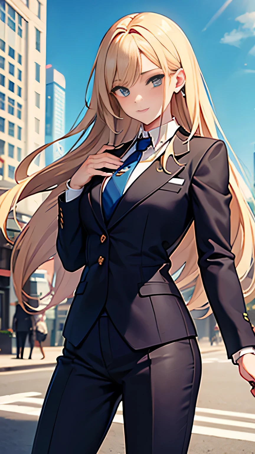 ((masterpiece)), (textured skin), ((high details)), best quality, award winning, 8k, ((beautiful woman)), beautiful lady in male clothing, (blue suit, brown tie), white shirt, ((three-piece suit)), blonde hair, very long hair, straight hair, hair spread out, floating hair, at revenue, Business person, consultant