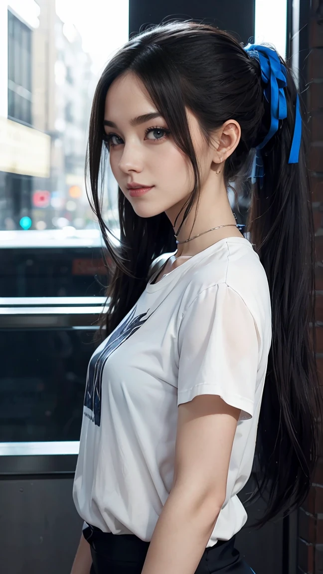 22 year old Caucasian female、Hair color is black、Eye color is blue、Long Hair、Hair set、Make it a ponytail、Wrist Accessories、I&#39;Wearing a choker、Skin is smooth、smile、A slim but muscular body、My heart is pounding、High resolution、Glowing skin、Wearing an hourglass dress、I&#39;Wearing pumps、In front of Horizont in the photo studio、Flowers in a vase on a narrow medieval table.