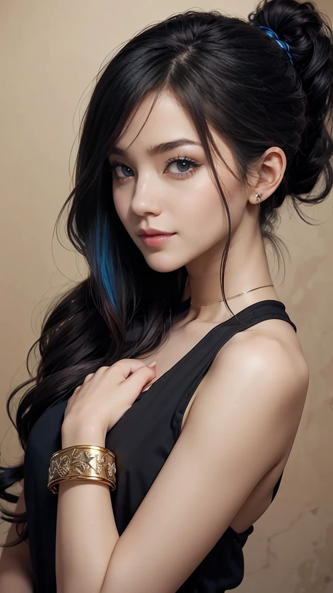22 year old Caucasian female、Hair color is black、Eye color is blue、Long Hair、Hair set、Make it a ponytail、Wrist Accessories、I'Wearing a choker、Skin is smooth、smile、A slim but muscular body、My heart is pounding、High resolution、Glowing skin、Wearing an hourglass dress、I'Wearing pumps、In front of Horizont in the photo studio、Flowers in a vase on a narrow medieval table.
