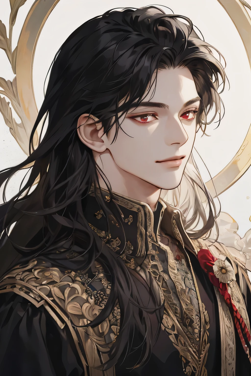 (extreamly delicate and beautiful:1.2), 8K,(masterpiece:1.0),(best_quality:1.0), 1 boy, and intricate detailing, Enlarged textures, and intricate detailing, finely eye and detailed face, and intricate detailing, shiraga, black long hair, (closed mouths), Perfect eyes, Equal eyes, eyes smile, red eyes (A male god) with (masterpiece), best quality,