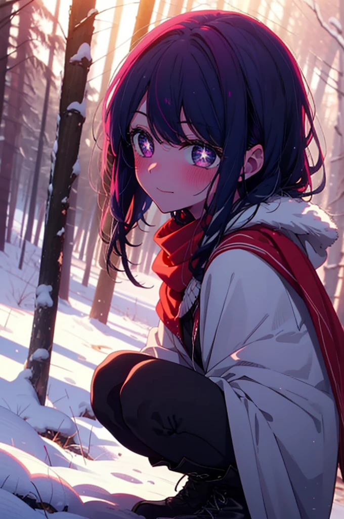 aihoshino, Ai Hoshino, Long Hair, bangs, (Purple eyes:1.1), Purple Hair, (Symbol-shaped pupil:1.5), smile,,smile,blush,White Breath,
Open your mouth,snow,Ground bonfire, Outdoor, boots, snowing, From the side, wood, suitcase, Cape, Blurred, , forest, White handbag, nature, Squat, Mouth closed, Cape, winter, Written boundary depth, Black shoes, red Cape break looking at viewer, Upper Body, whole body, break Outdoor, forest, nature, break (masterpiece:1.2), Highest quality, High resolution, unity 8k wallpaper, (shape:0.8), (Beautiful and beautiful eyes:1.6), Highly detailed face, Perfect lighting, Highly detailed CG, (Perfect hands, Perfect Anatomy),
