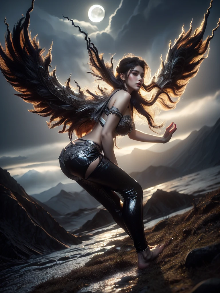 (Full-body pose, low angle view: 1.4), (fantasy art: 1.4), RAW UHD portrait photo of a woman with long silver hair, (fantasy wings: 1.0), (blue lingerie: 1.0), (moonlit night: 1.4), (mountain landscape: 1.4), (cloudy sky, dramatic lighting: 1.2), (ethereal, mystical: 1.2), highly detailed, intricate design, glossy eyes with high detail
