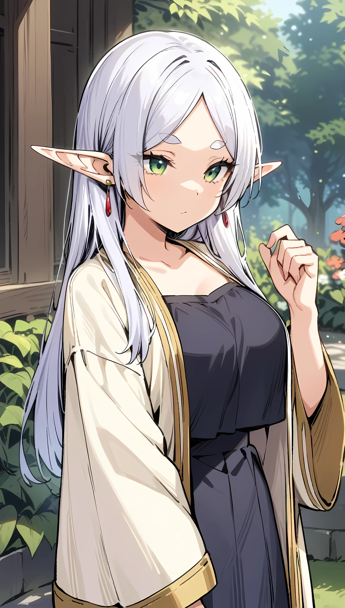 masterpiece, best quality, very aesthetic, absurdres,1girl,covered_pussy, ,frieren,sousou_no_frieren,elf, green_eyes, grey_hair, white_hair, long_hair, parted_bangs, pointy_ears, dangle_earrings, drop_earrings, earrings,,hanfu, chinese traditional dress,shaded face,in garden,front view,floating_clothes
